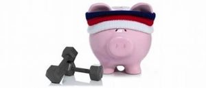 pink piggy bank with headband and free weights